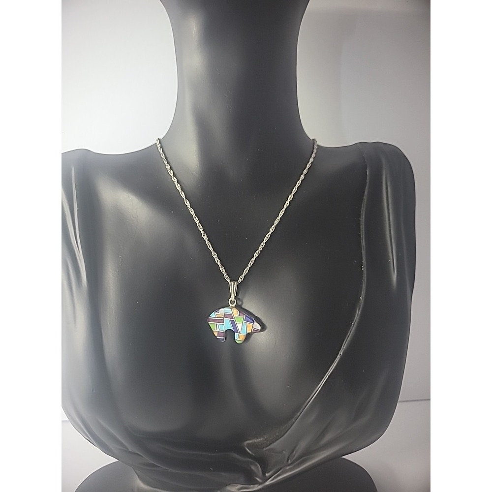 Sterling Silver Pendant Chain Bear Turquoise Abalone Tigers Eye Inlay Necklace